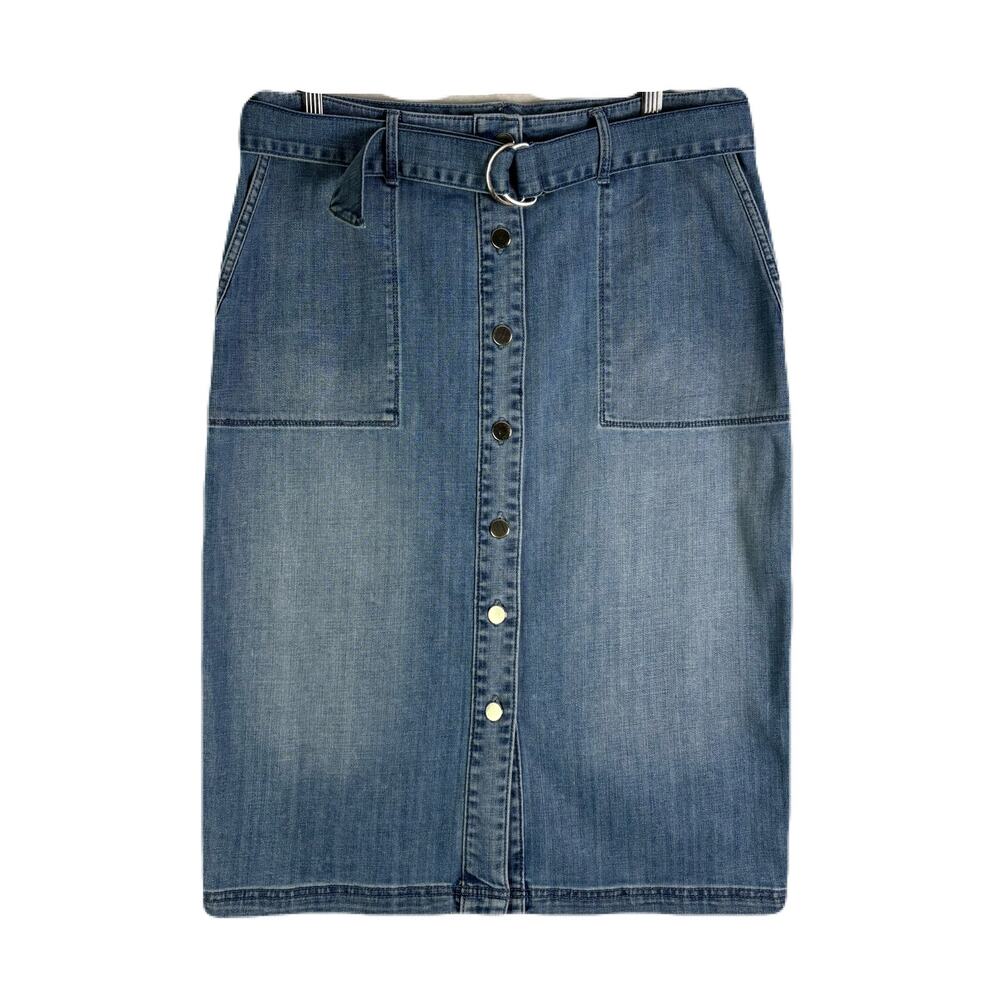 CHICOS Denim Belted Midi Skirt With Button Front Womens Size 15